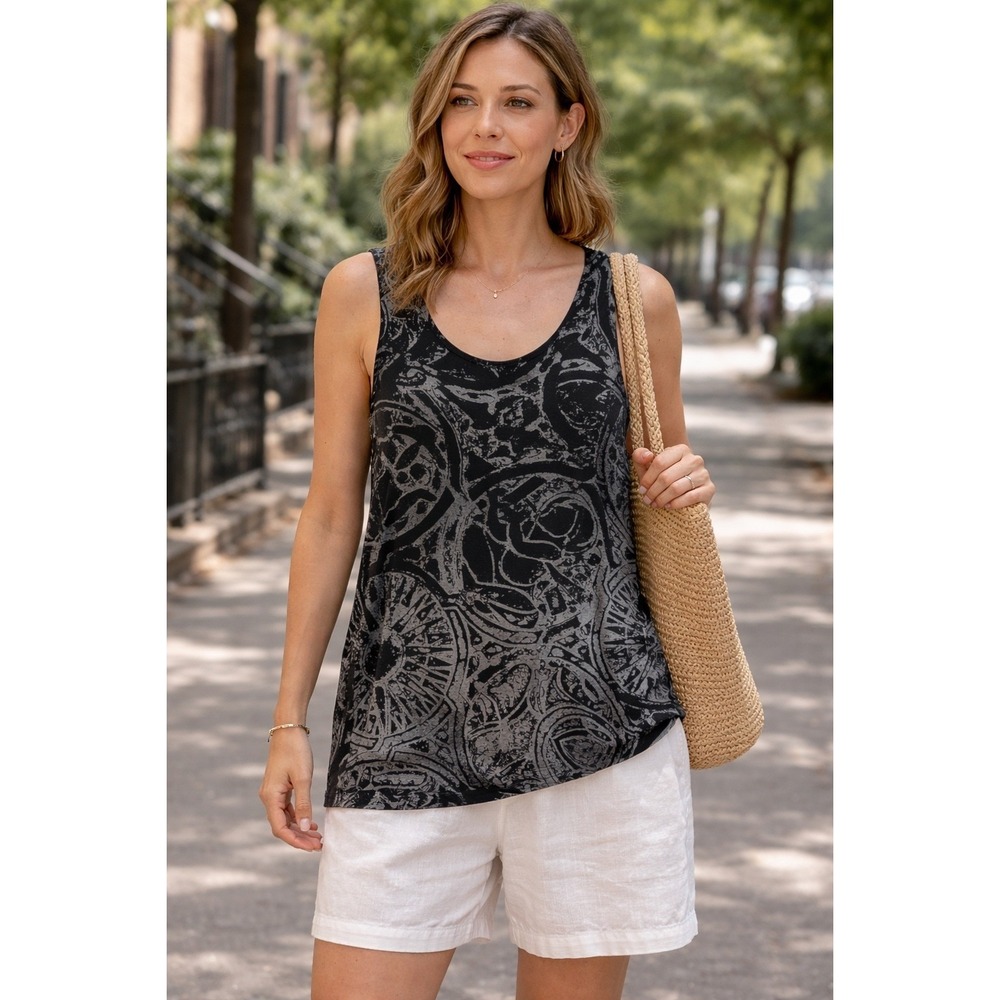 Bryn‎ Walker Womens Black Grey Abstract Graphic Print Tank Top Tunic Made in USA
